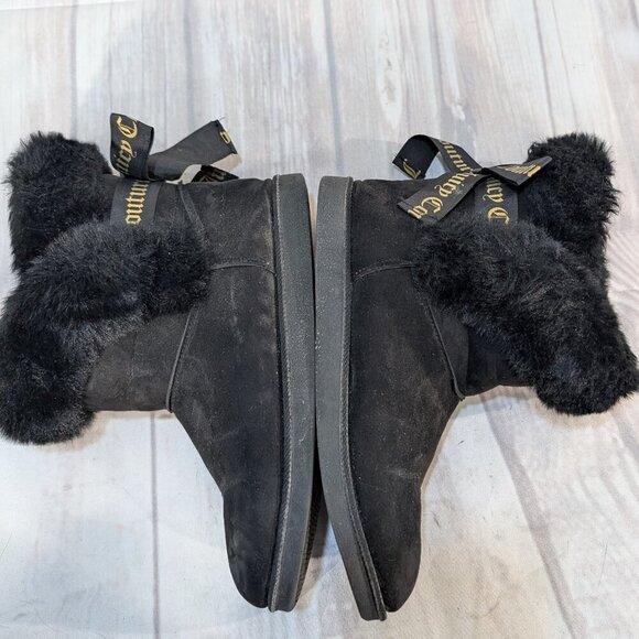 Juicy Couture Black Faux Fur & Suede Moccasin Boots with Logo Ribbon Tie Size 7 - Picture 6 of 9